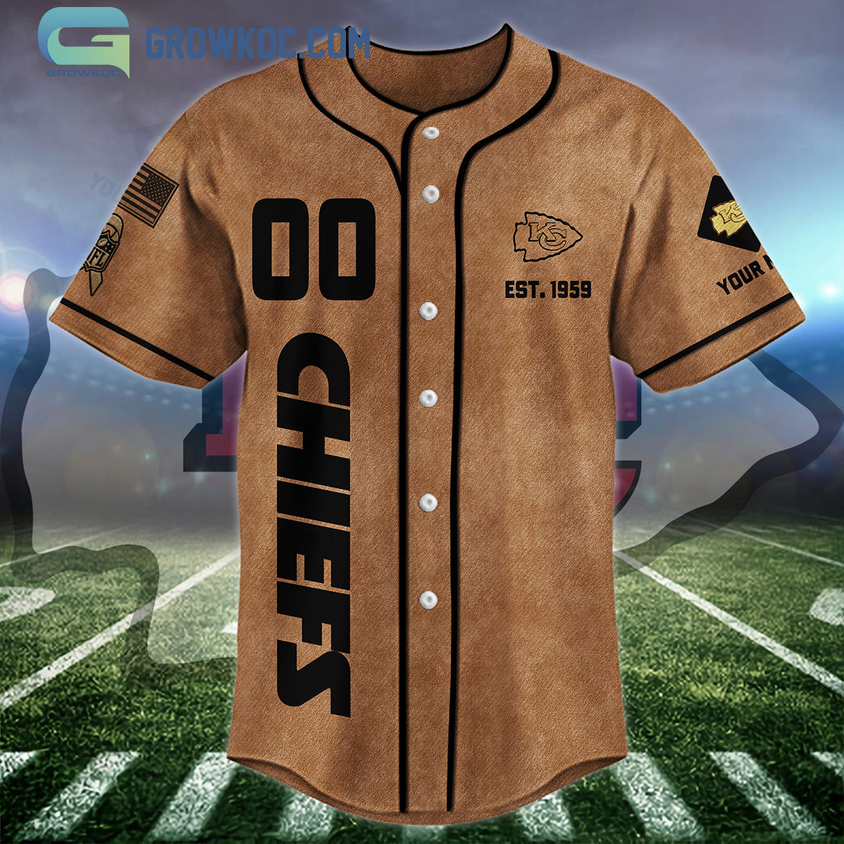 Kansas City Chiefs Brown American Flag Personalized Baseball Jersey baseball jersey product view 3