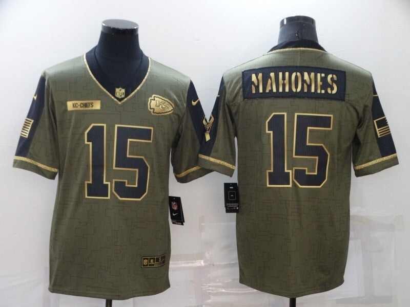 Kansas City Chiefs #15 Patrick Mahomes 21 Salute Gold Text 927 Football Jersey football jersey product view 1