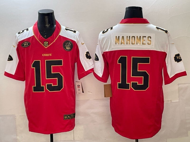 Kansas City Chiefs #15 Patrick Mahomes Chiefs Gold Text V3 Style 1 Football Jersey football jersey product view 1
