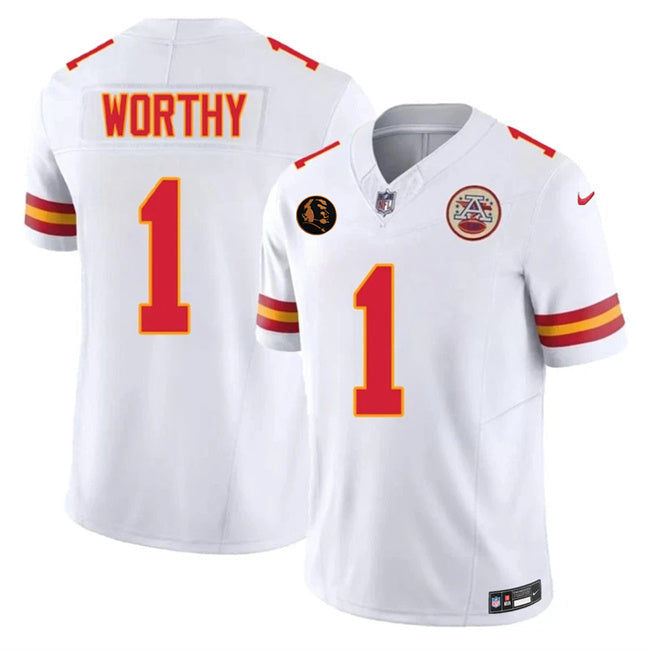 Kansas City Chiefs #1 Xavier Worthy White 2025 F.U.S.E. John Madden Patch Football Jersey football jersey product view 1