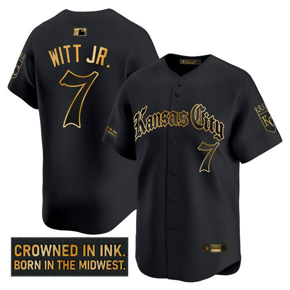 Kansas City Royals #7 Bobby Witt Jr. 'Gothic Crown Edition' Gold Vapor Limited Baseball Jersey baseball jersey product view 1
