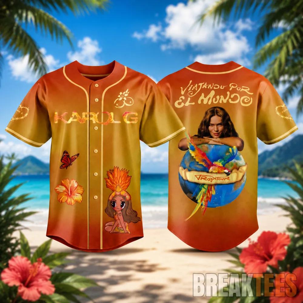 Karol G 2026 Viajando Por El Mundo Tropitour Baseball Jersey Unisex T-shirt, Sweatshirt, Hoodie, Long Sleeve Tee - T-Shirt, Sweatshirt, Hoodie