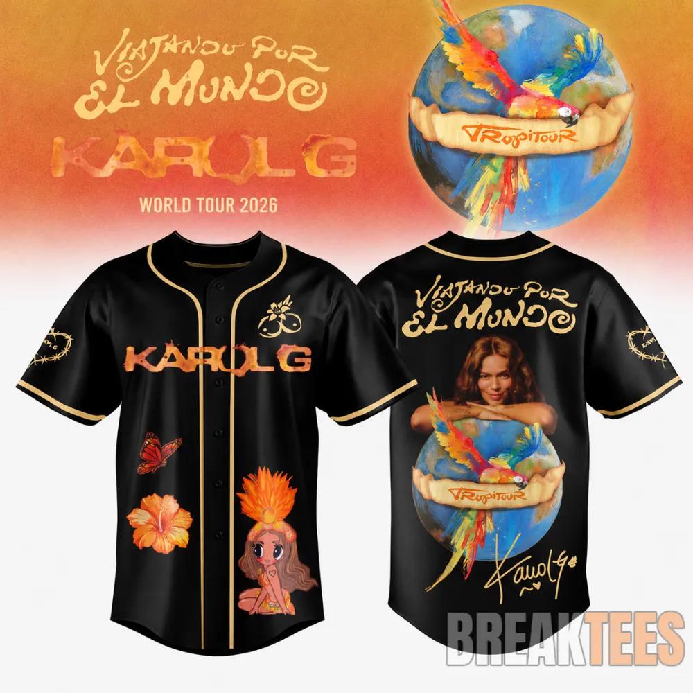 Karol G 2026 Viajando Por El Mundo Tropitour Black Baseball Jersey Unisex T-shirt, Sweatshirt, Hoodie, Long Sleeve Tee - T-Shirt, Sweatshirt, Hoodie