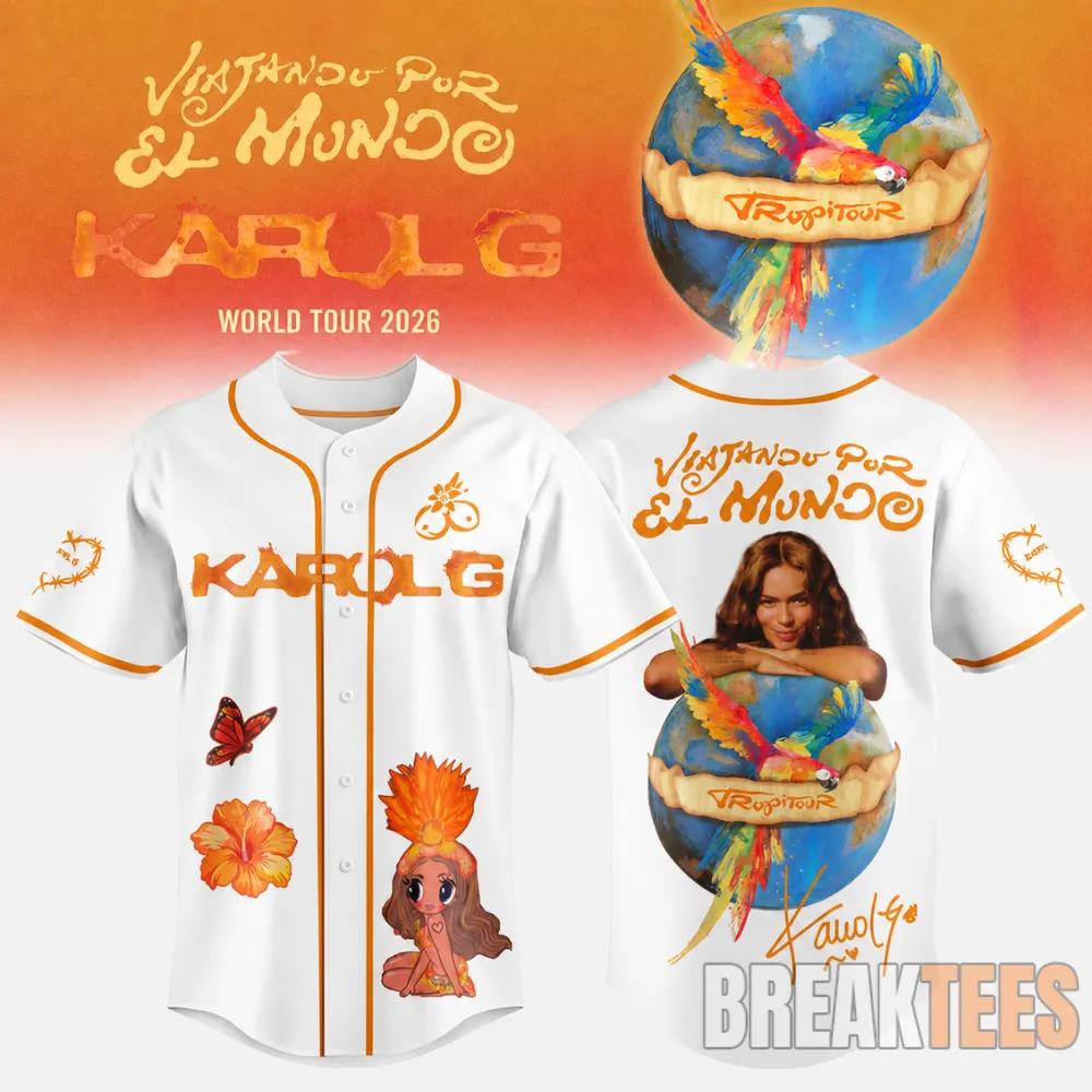 Karol G 2026 Viajando Por El Mundo Tropitour White Baseball Jersey baseball jersey product view 1