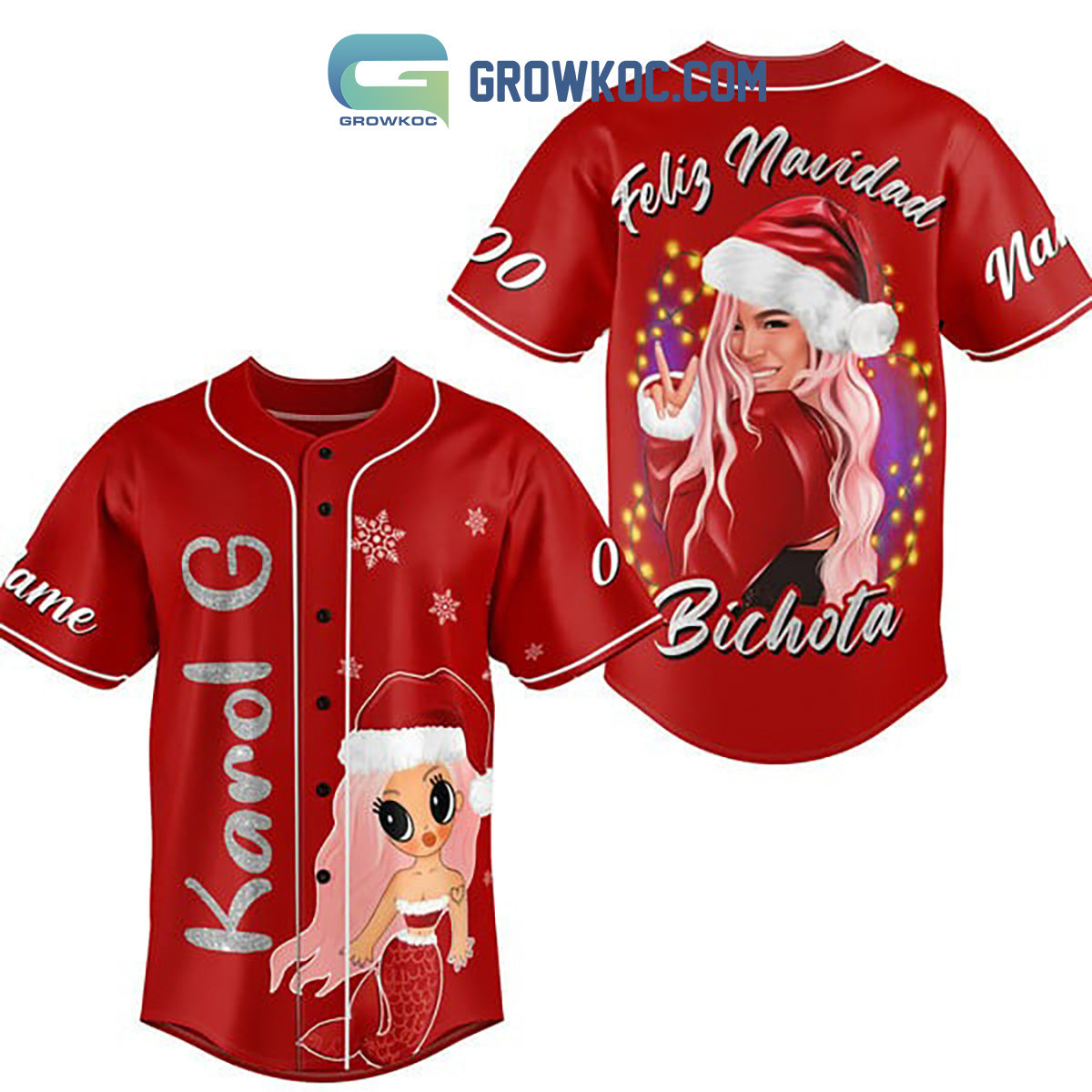 Karol G Feliz Navidad Bichota Christmas Mermaid Custom Name Number Baseball Jersey baseball jersey product view 1