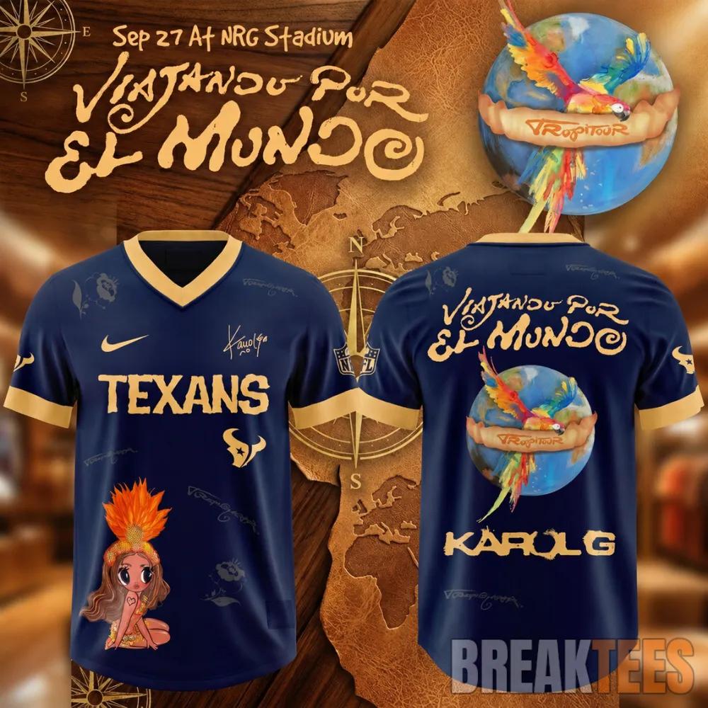 Karol G Houston Texans Viajando Por El Mundo Football Jersey Unisex T-shirt, Sweatshirt, Hoodie, Long Sleeve Tee - T-Shirt, Sweatshirt, Hoodie