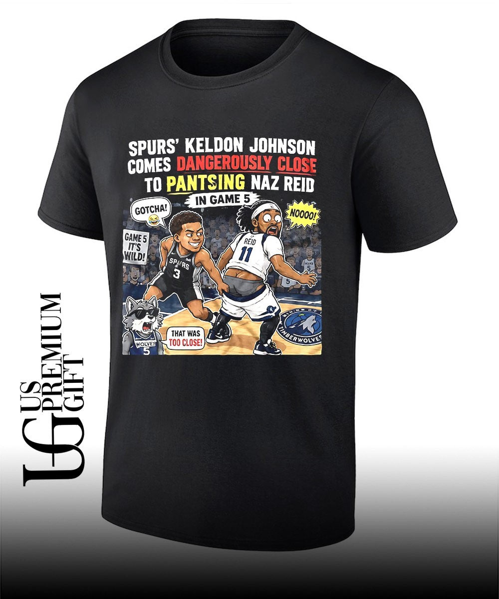 Keldon Johnson Almost Pantsed Naz Reid Game 5 Spurs Timberwolves cartoon shirt Unisex T-shirt, Sweatshirt, Hoodie, Long Sleeve Tee - T-Shirt, Sweatshirt, Hoodie