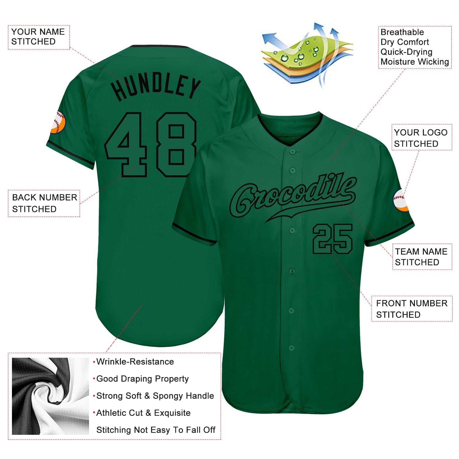 Custom Kelly Green Kelly Green-Black Authentic Baseball Jersey baseball jersey product view 3