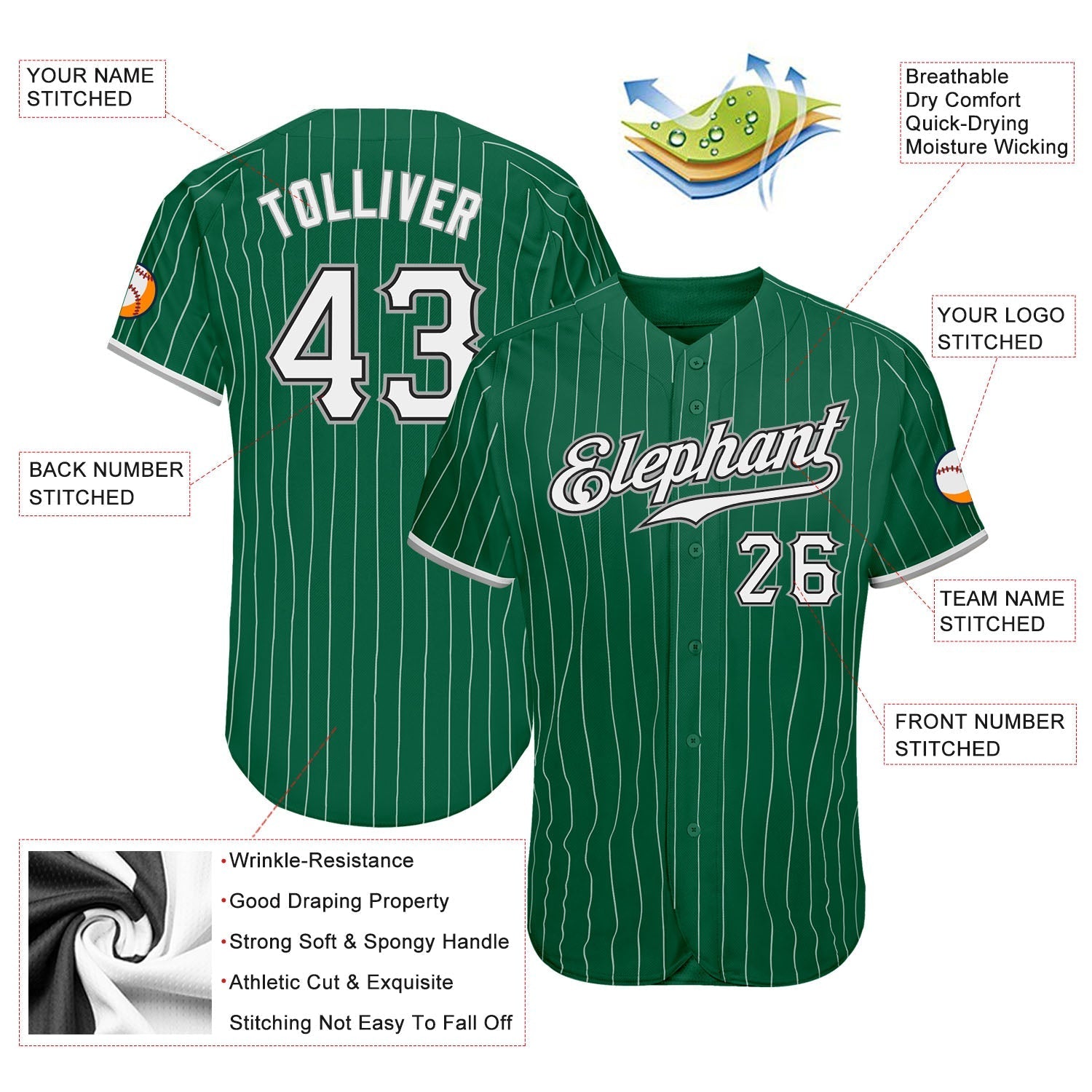 Custom Kelly Green White Pinstripe White-Gray Authentic Baseball Jersey baseball jersey product view 3