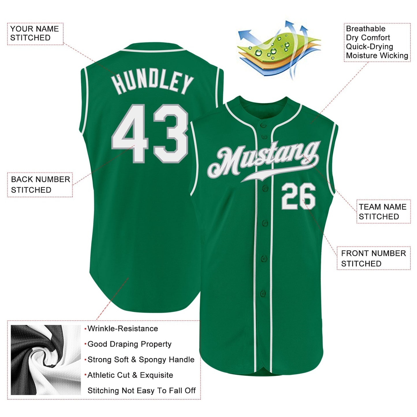Custom Kelly Green White-Gray Authentic Sleeveless St Patricks Day Baseball Jersey baseball jersey product view 2