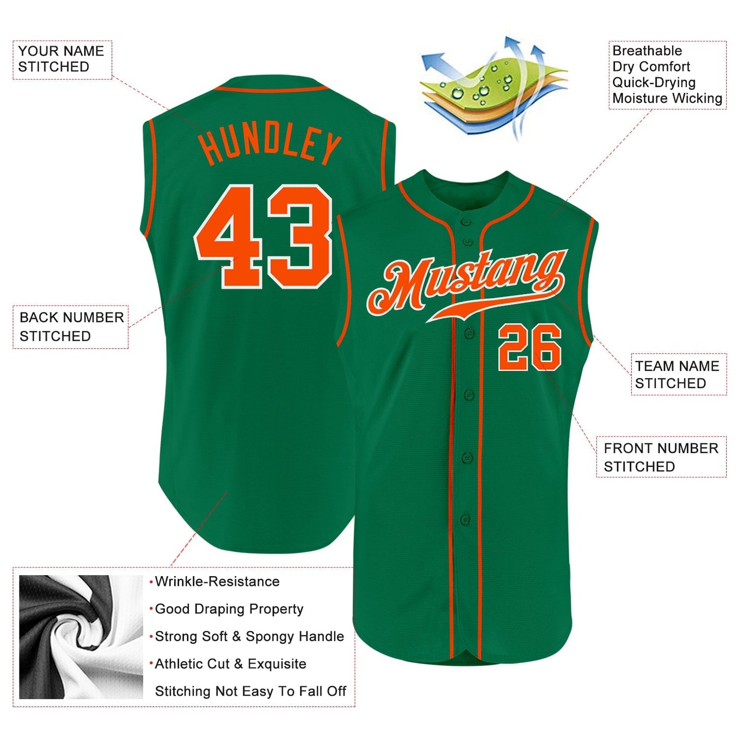 Custom Kelly Green Orange-White Authentic Sleeveless Baseball Jersey baseball jersey product view 2