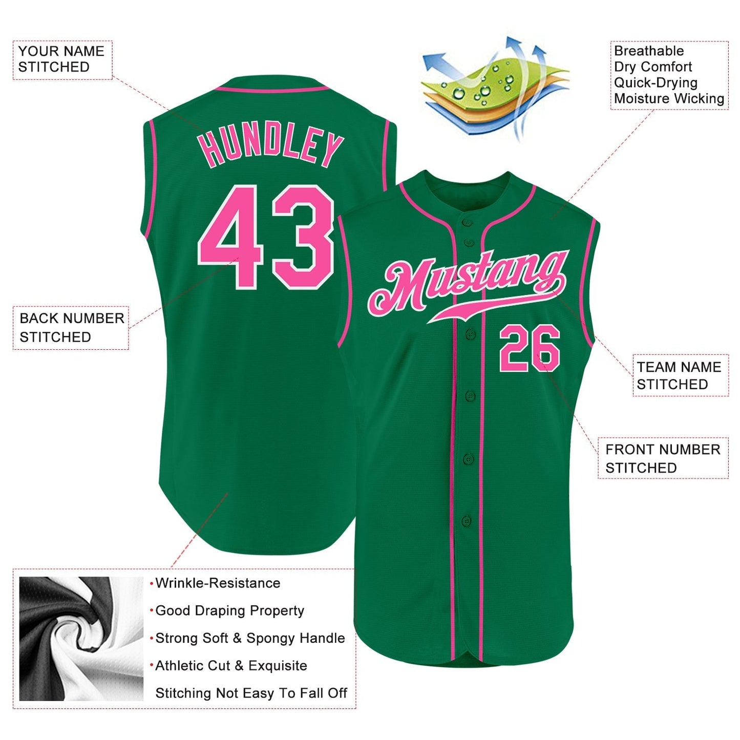 Custom Kelly Green Pink-White Authentic Sleeveless Baseball Jersey baseball jersey product view 2