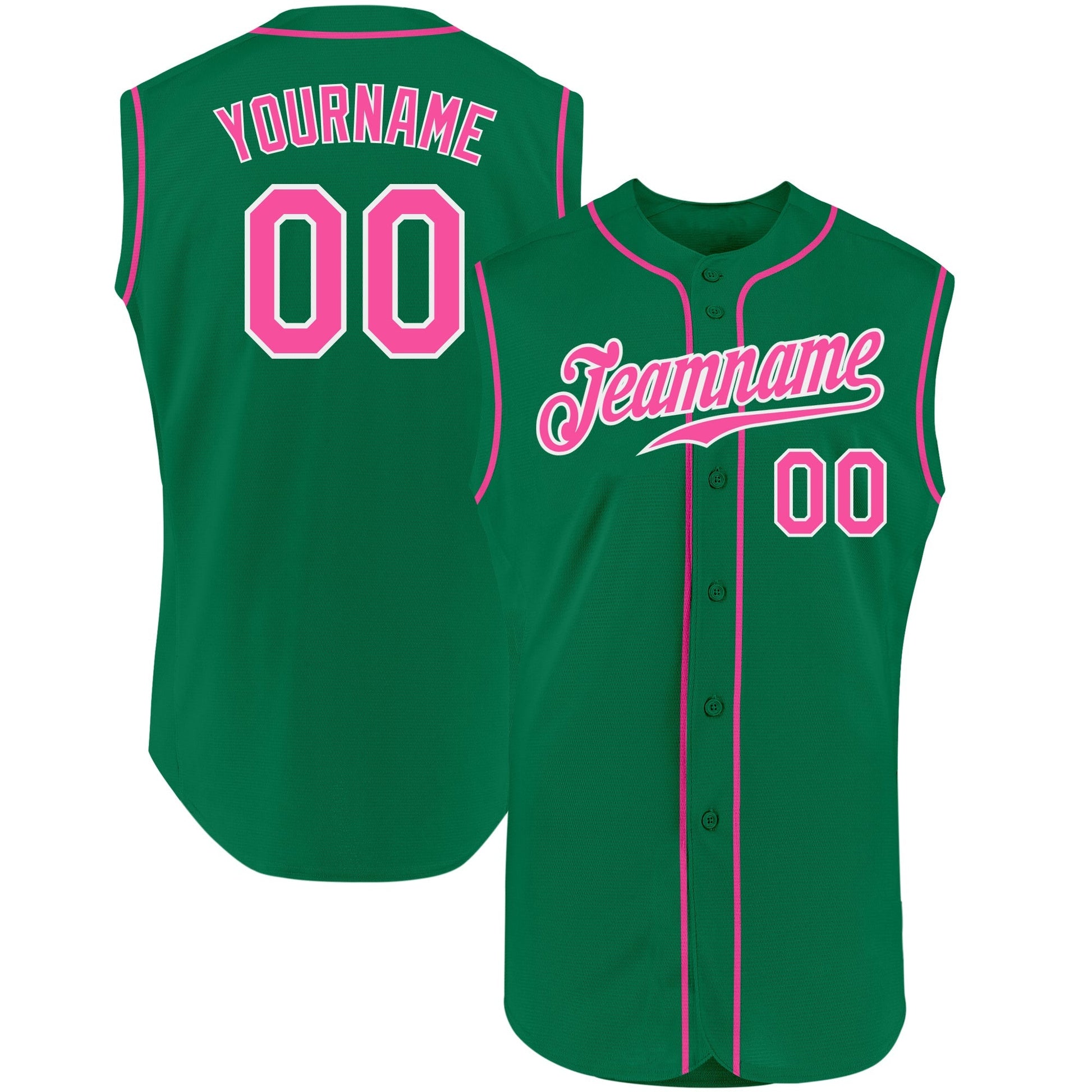 Custom Kelly Green Pink-White Authentic Sleeveless Baseball Jersey baseball jersey product view 1