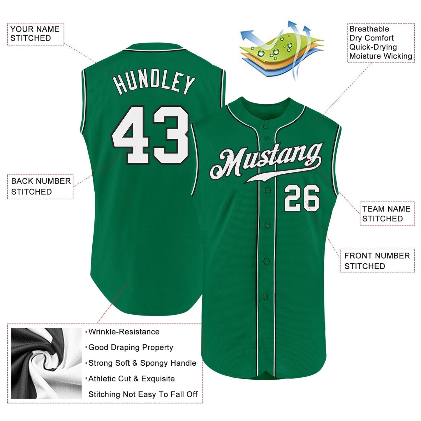 Custom Kelly Green White-Black Authentic Sleeveless Baseball Jersey baseball jersey product view 2