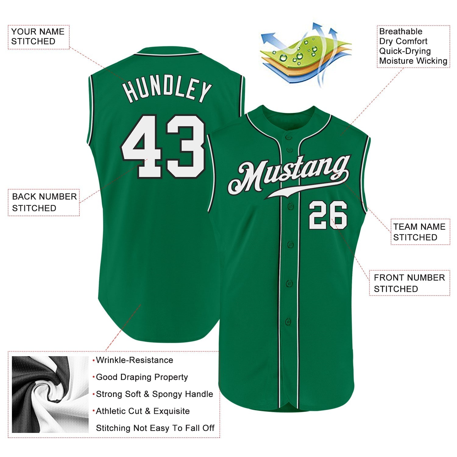 Custom Kelly Green White-Black Authentic Sleeveless Baseball Jersey baseball jersey product view 2