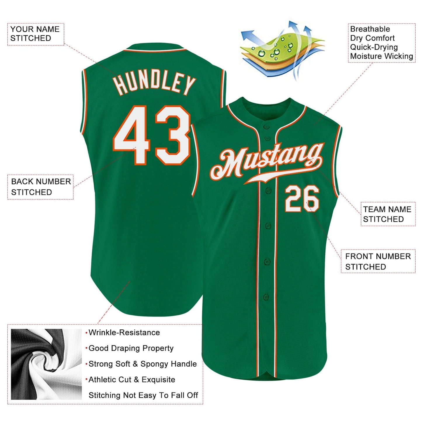 Custom Kelly Green White-Orange Authentic Sleeveless Baseball Jersey baseball jersey product view 2