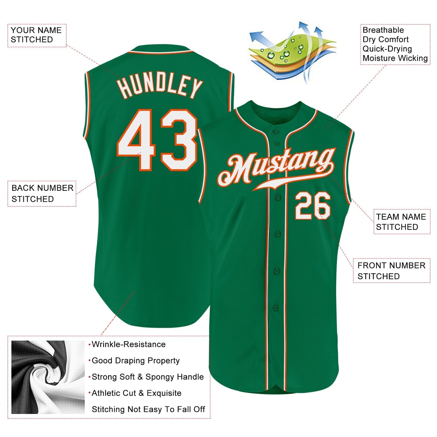 Custom Kelly Green White-Orange Authentic Sleeveless Baseball Jersey baseball jersey product view 2