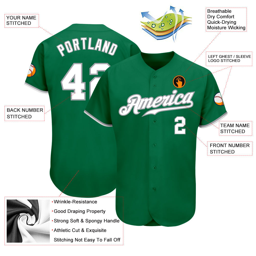 Custom Kelly Green White-Gray Authentic Baseball Jersey baseball jersey product view 3