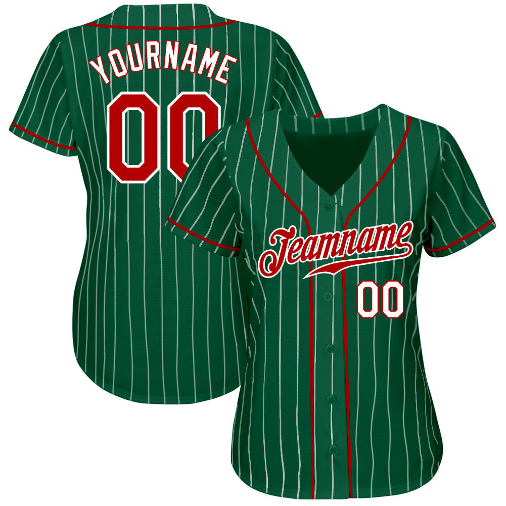 Custom Kelly Green White Pinstripe Red-White Authentic Baseball Jersey baseball jersey product view 2