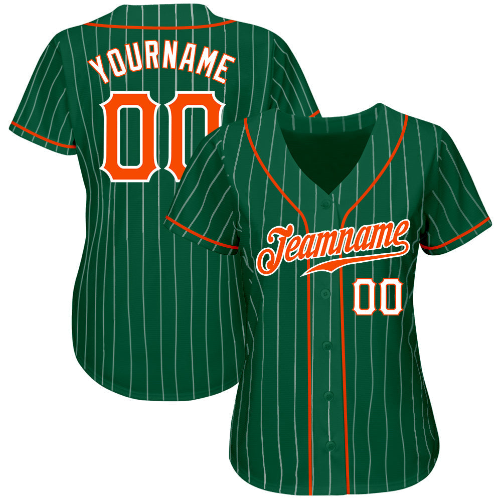 Custom Kelly Green White Pinstripe Orange-White Authentic Baseball Jersey baseball jersey product view 2