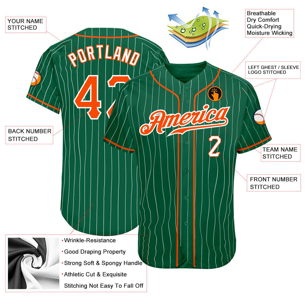 Custom Kelly Green White Pinstripe Orange-White Authentic Baseball Jersey baseball jersey product view 3