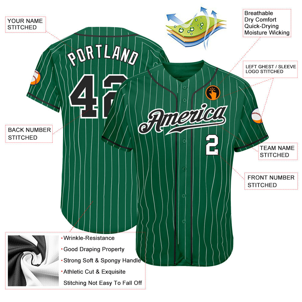 Custom Kelly Green White Pinstripe Black-White Authentic Baseball Jersey baseball jersey product view 3