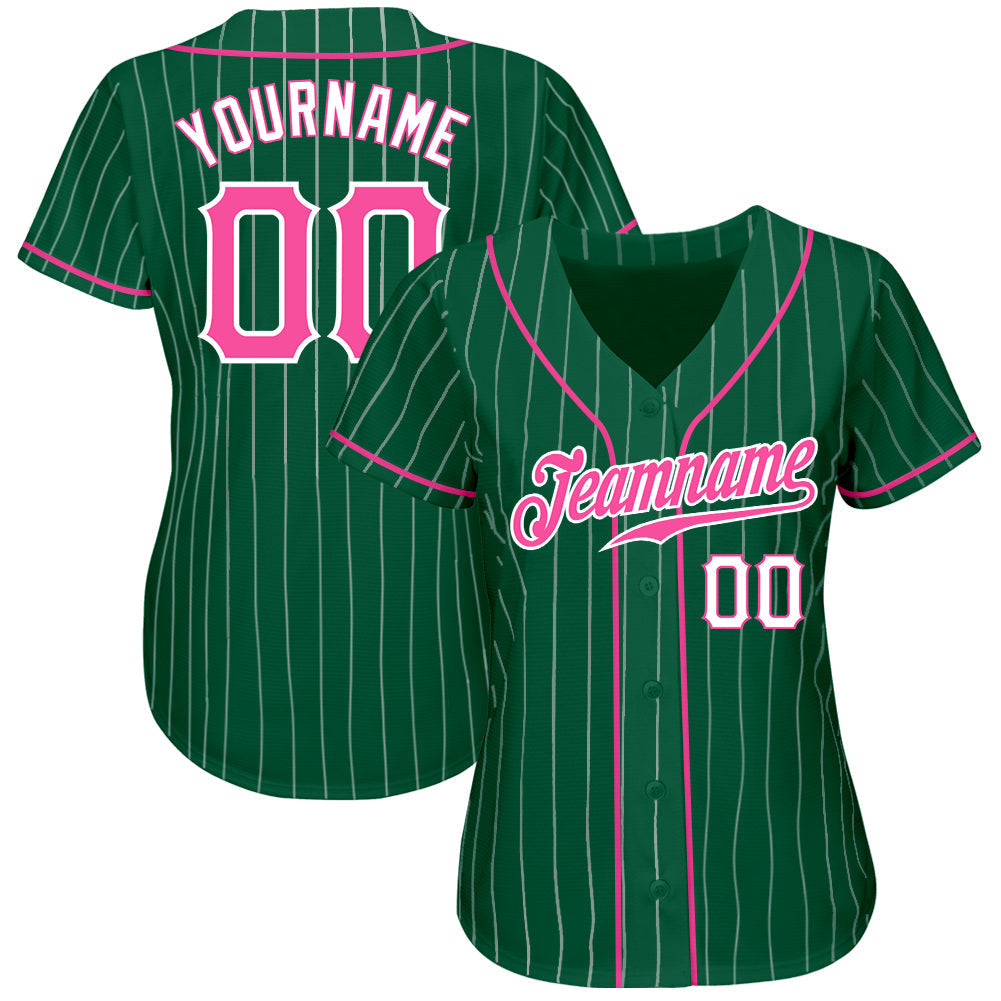 Custom Kelly Green White Pinstripe Pink-White Authentic Baseball Jersey baseball jersey product view 2