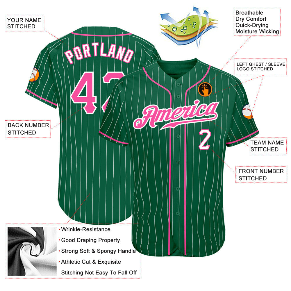 Custom Kelly Green White Pinstripe Pink-White Authentic Baseball Jersey baseball jersey product view 3