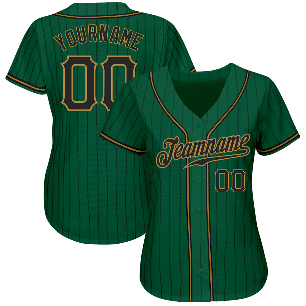 Custom Kelly Green Black Pinstripe Black-Old Gold Authentic Baseball Jersey baseball jersey product view 2