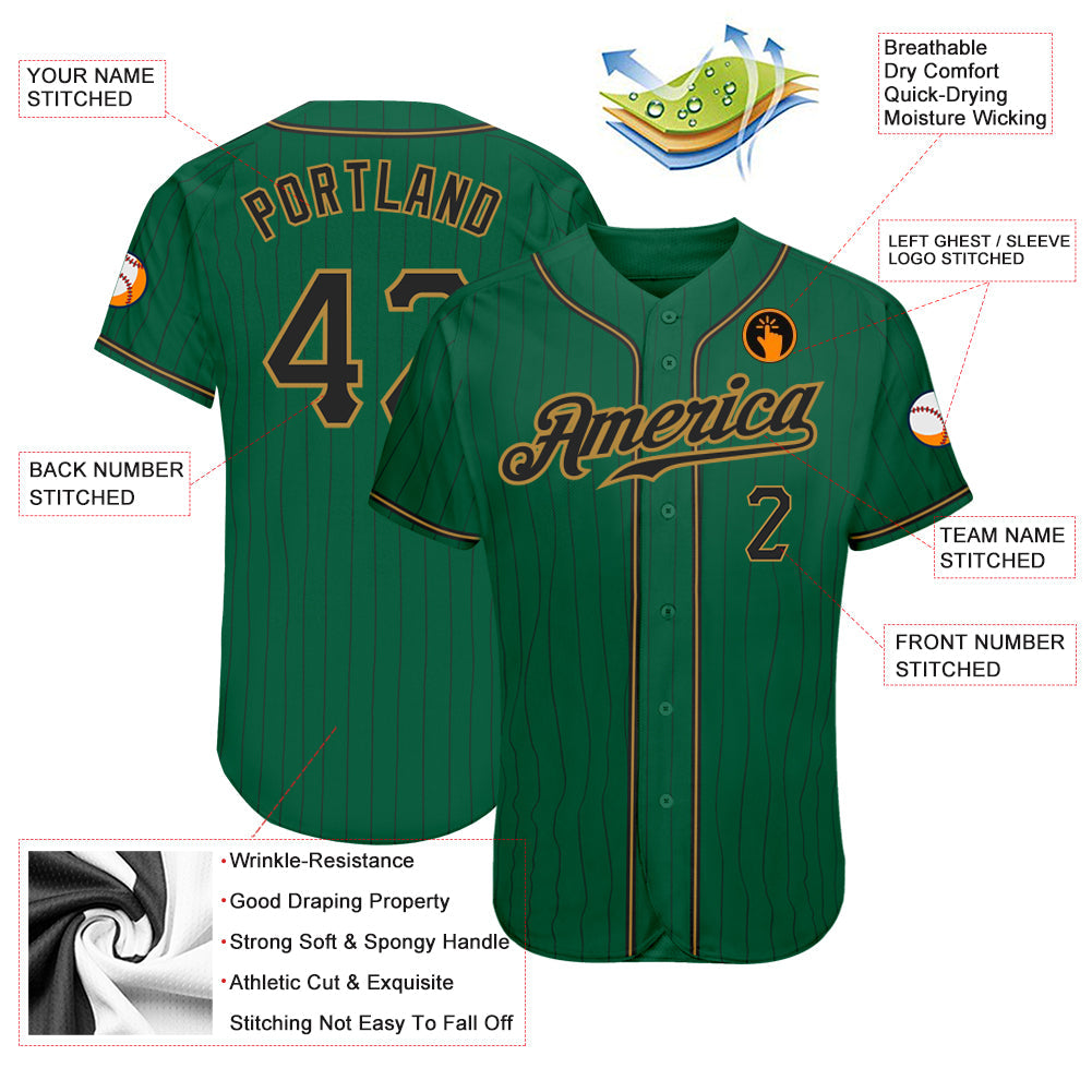 Custom Kelly Green Black Pinstripe Black-Old Gold Authentic Baseball Jersey baseball jersey product view 3