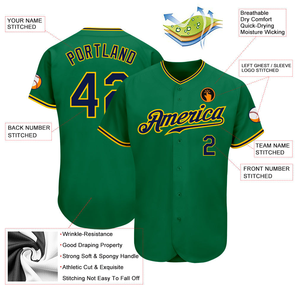 Custom Kelly Green Navy-Gold Authentic Baseball Jersey baseball jersey product view 3