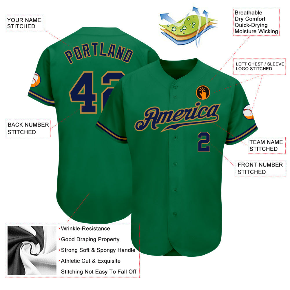 Custom Kelly Green Navy-Old Gold Authentic Baseball Jersey baseball jersey product view 3