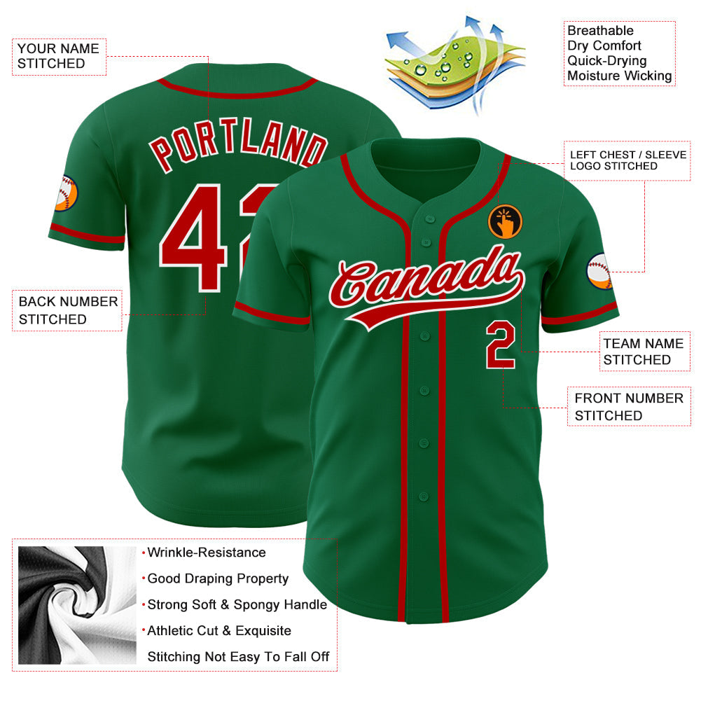 Custom Kelly Green Red-White Authentic Baseball Jersey baseball jersey product view 3