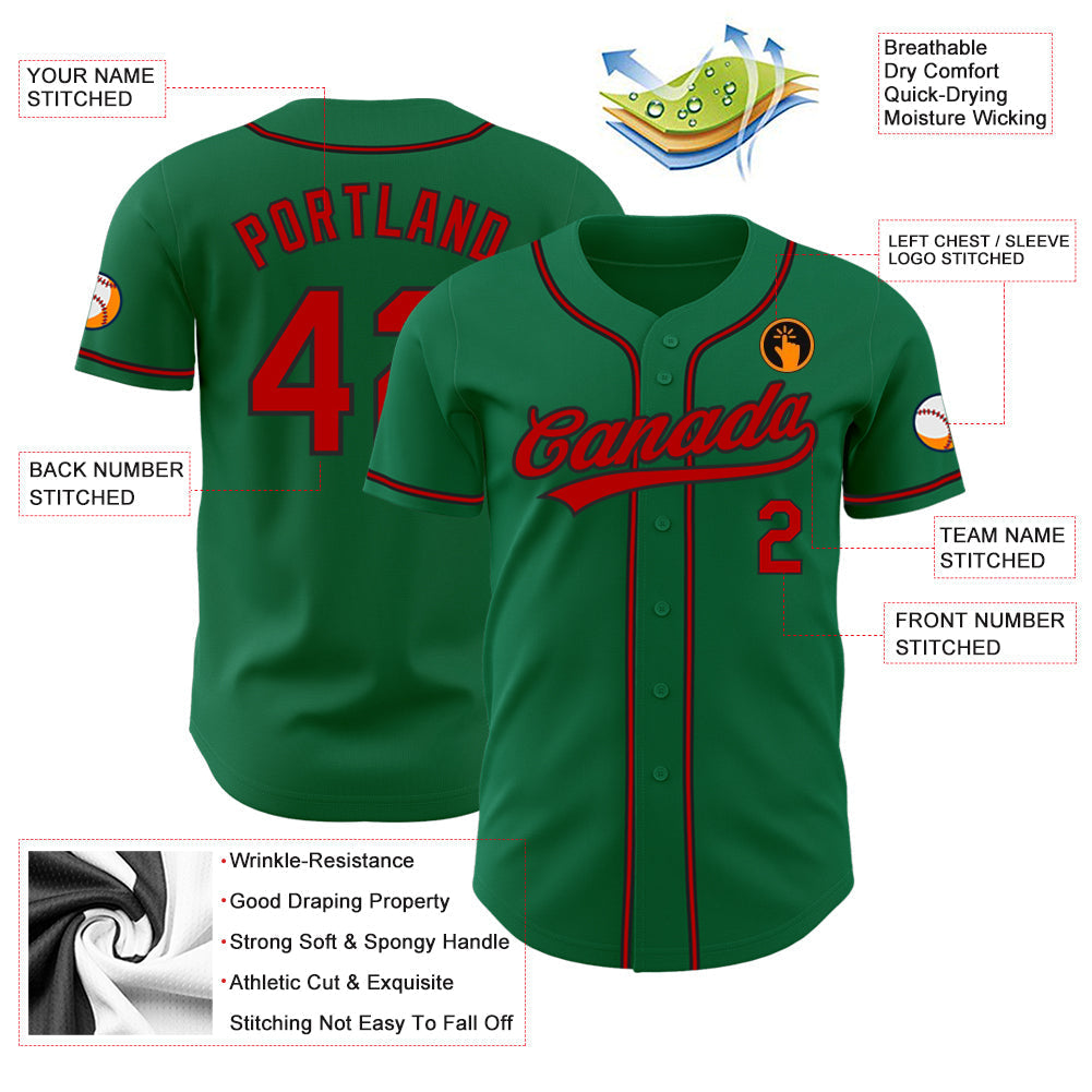 Custom Kelly Green Red-Black Authentic Baseball Jersey baseball jersey product view 3