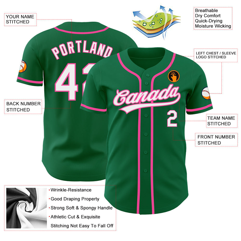 Custom Kelly Green White-Pink Authentic Baseball Jersey baseball jersey product view 3