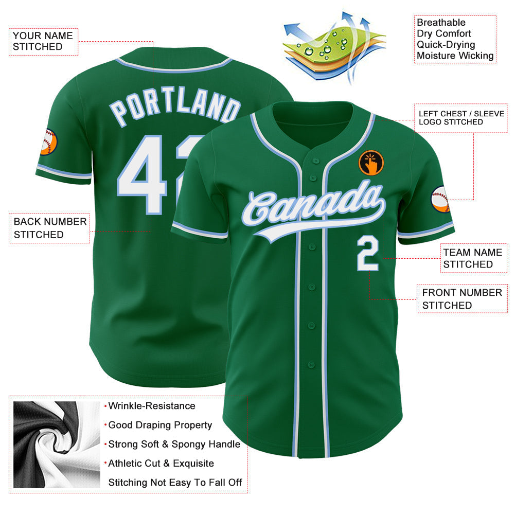 Custom Kelly Green White-Light Blue Authentic Baseball Jersey baseball jersey product view 3
