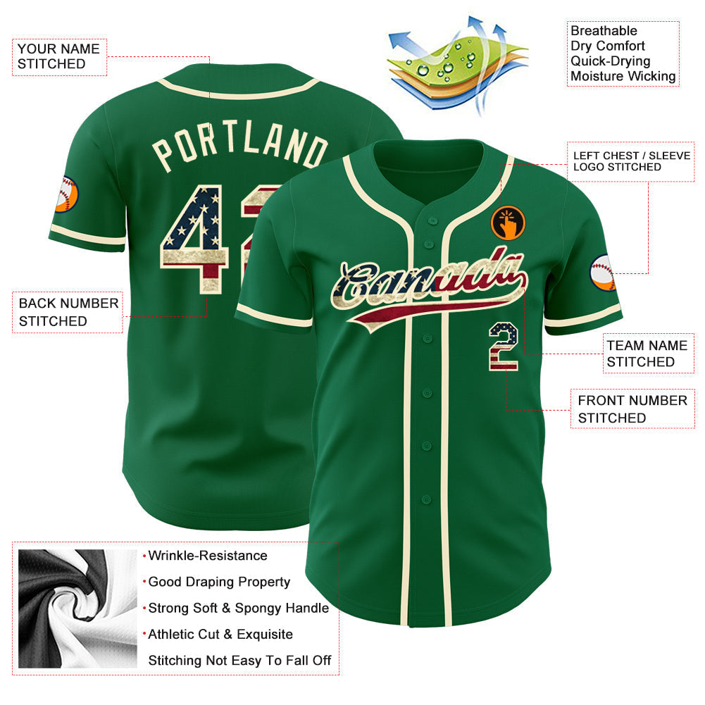 Custom Kelly Green Vintage USA Flag-Cream Authentic Baseball Jersey baseball jersey product view 3