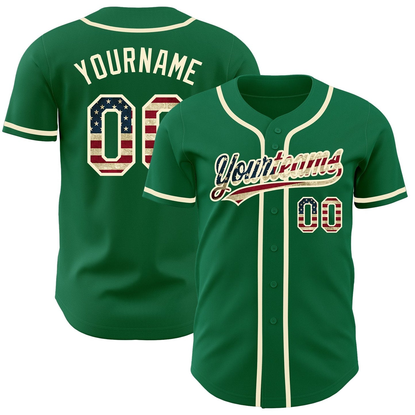 Custom Kelly Green Vintage USA Flag-Cream Authentic Baseball Jersey baseball jersey product view 1