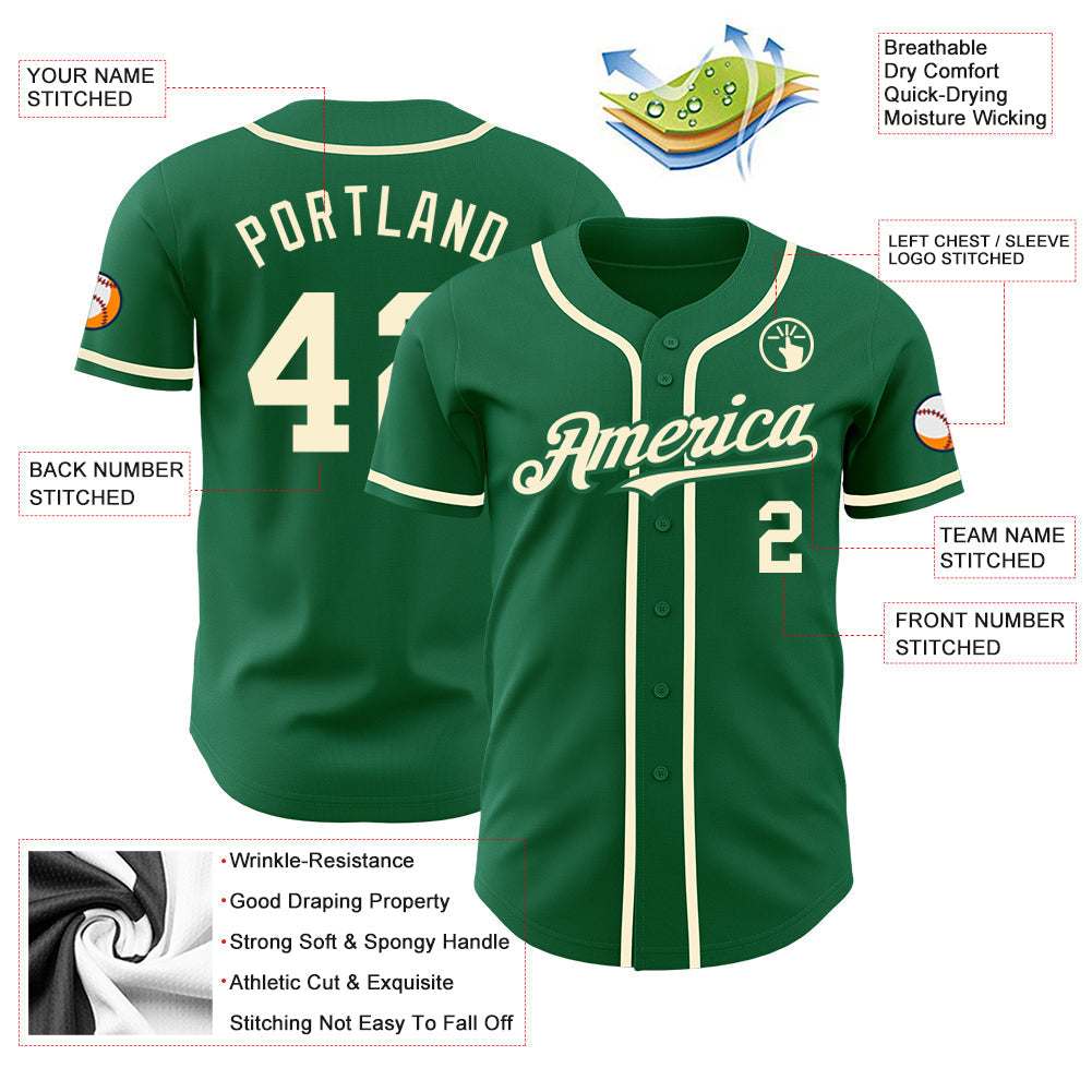 Custom Kelly Green Cream Authentic Baseball Jersey baseball jersey product view 3
