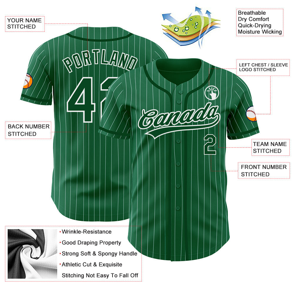 Custom Kelly Green White Pinstripe Green Authentic Baseball Jersey baseball jersey product view 3