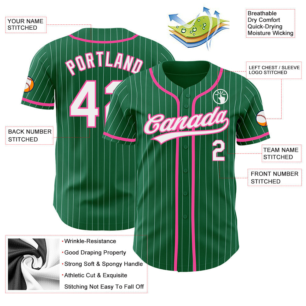 Custom Kelly Green White Pinstripe Pink Authentic Baseball Jersey baseball jersey product view 3