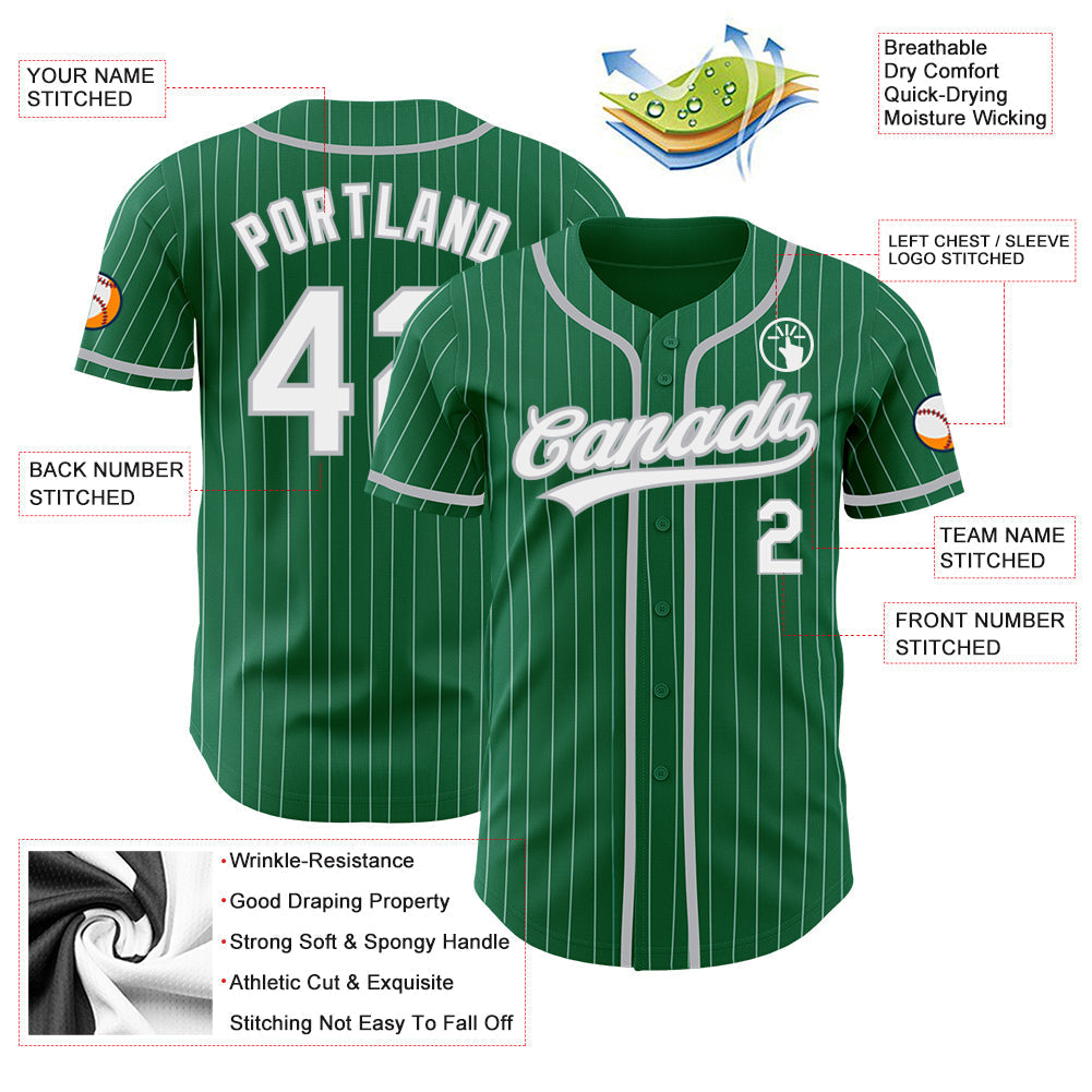 Custom Kelly Green White Pinstripe Gray Authentic Baseball Jersey baseball jersey product view 3