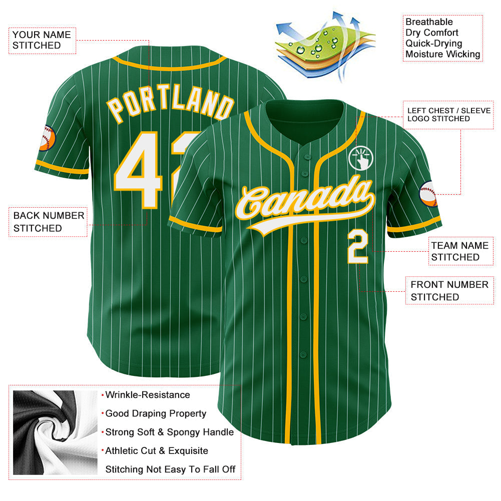 Custom Kelly Green White Pinstripe Gold Authentic Baseball Jersey baseball jersey product view 3