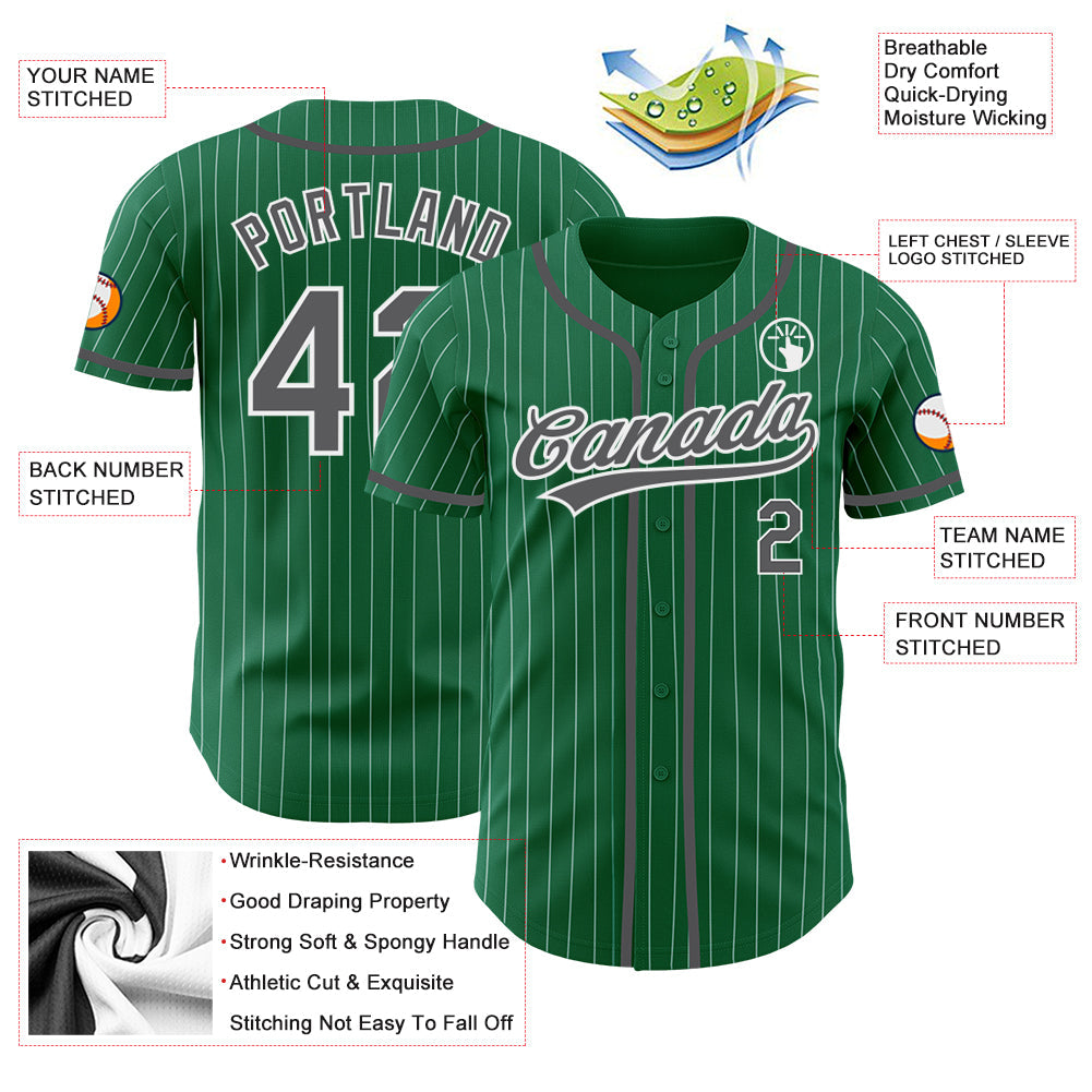 Custom Kelly Green White Pinstripe Steel Gray Authentic Baseball Jersey baseball jersey product view 3