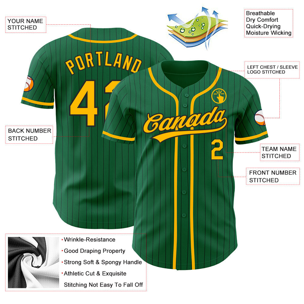 Custom Kelly Green Black Pinstripe Gold Authentic Baseball Jersey baseball jersey product view 3