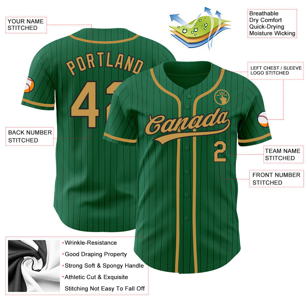Custom Kelly Green Black Pinstripe Old Gold Authentic Baseball Jersey baseball jersey product view 3