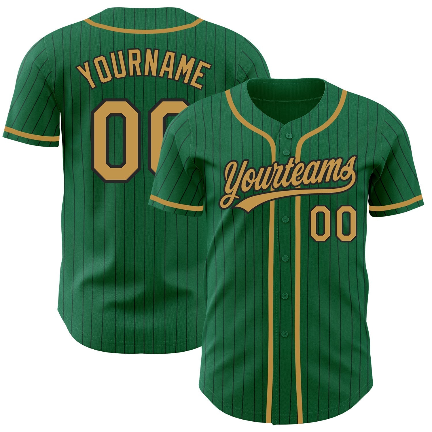 Custom Kelly Green Black Pinstripe Old Gold Authentic Baseball Jersey baseball jersey product view 1