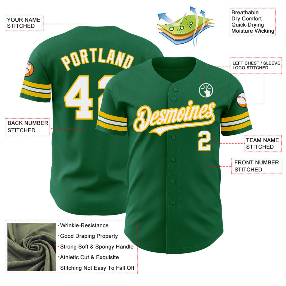 Custom Kelly Green White-Gold Authentic Baseball Jersey baseball jersey product view 3