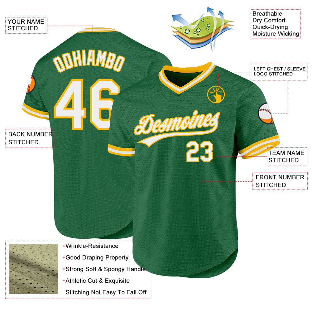 Custom Kelly Green White-Gold Authentic Throwback Baseball Jersey baseball jersey product view 3