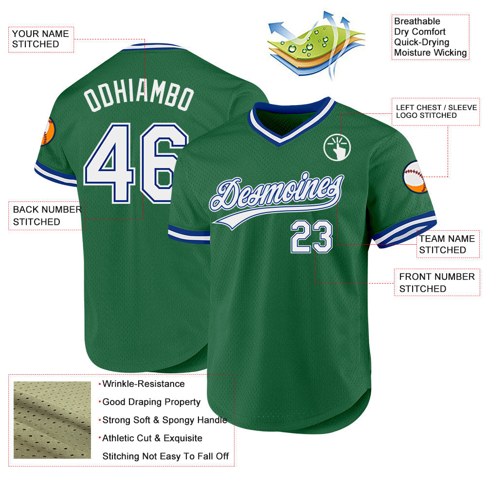 Custom Kelly Green White-Royal Authentic Throwback Baseball Jersey baseball jersey product view 3